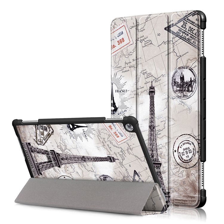 Pattern Printing Tri-fold Stand Leather Tablet Cover for Huawei Mediapad C5 10 / M5 Lite 10 - Eiffel Tower and Map-1