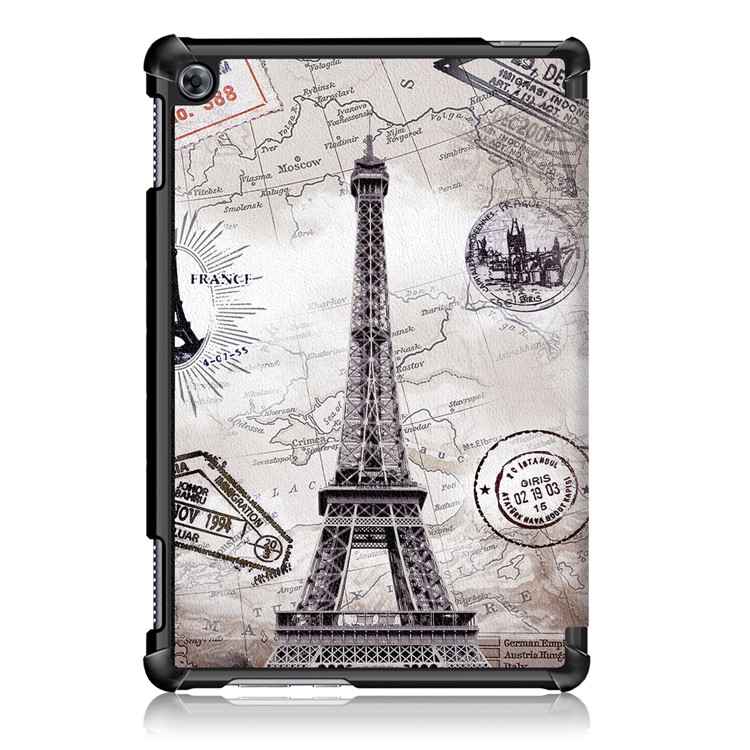 Pattern Printing Tri-fold Stand Leather Tablet Cover for Huawei Mediapad C5 10 / M5 Lite 10 - Eiffel Tower and Map-3