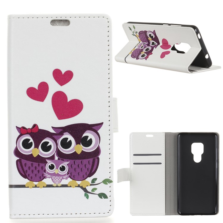 Pattern Printing Wallet Leather Phone Case for Huawei Mate 20 - Owls and Hearts-1