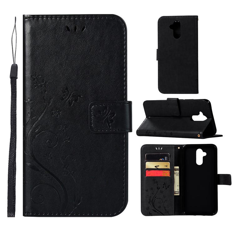 Imprint Butterfly Flower Stand Wallet Leather Protector Casing for Huawei Mate 20 Lite / Maimang 7 - Black-1