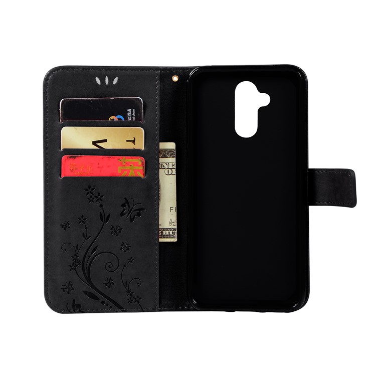 Imprint Butterfly Flower Stand Wallet Leather Protector Casing for Huawei Mate 20 Lite / Maimang 7 - Black-3
