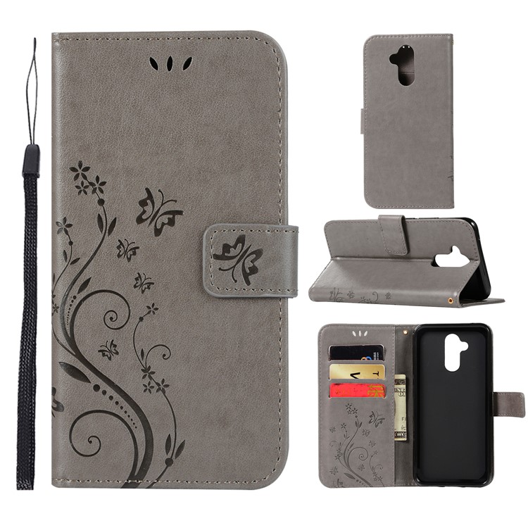 Imprint Butterfly Flower Stand Wallet Leather Protector Case for Huawei Mate 20 Lite / Maimang 7 - Grey-1