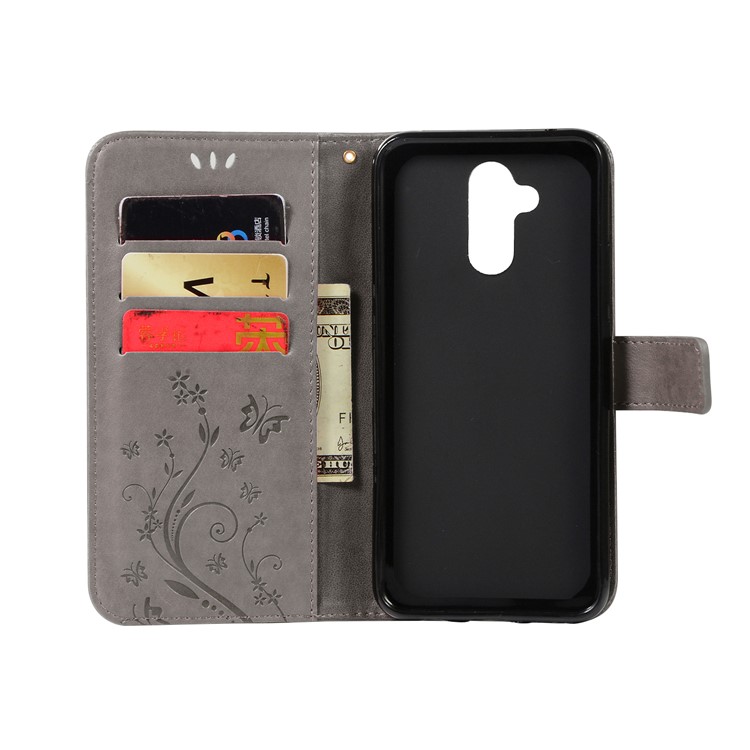 Imprint Butterfly Flower Stand Wallet Leather Protector Case for Huawei Mate 20 Lite / Maimang 7 - Grey-3
