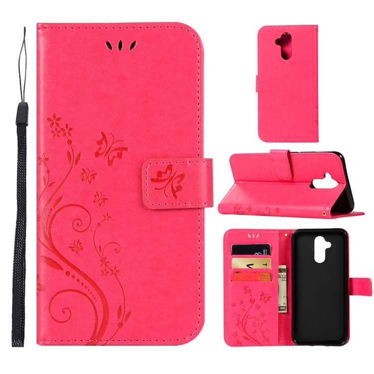 Imprint Butterfly Flower Stand Wallet Leather Protector Cover for Huawei Mate 20 Lite / Maimang 7 - Red-1