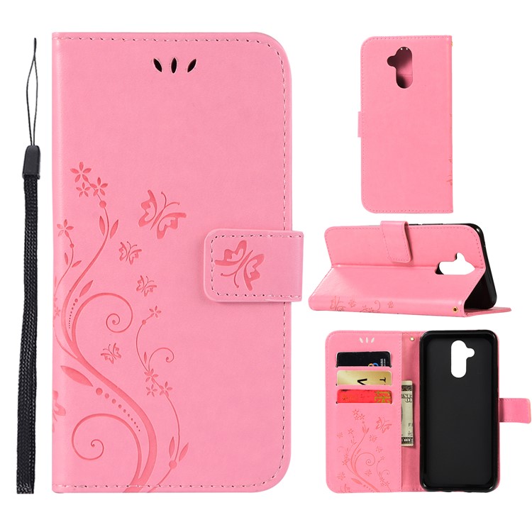 Imprint Butterfly Flower Stand Wallet Leather Protector Shell for Huawei Mate 20 Lite / Maimang 7 - Rose-1