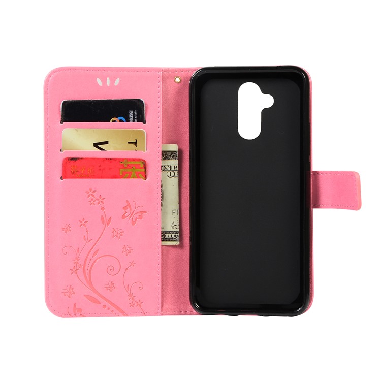 Imprint Butterfly Flower Stand Wallet Leather Protector Shell for Huawei Mate 20 Lite / Maimang 7 - Rose-3