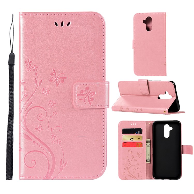 Imprint Butterfly Flower Stand Wallet Leather Protector Accessory Case for Huawei Mate 20 Lite / Maimang 7 - Rose Gold-1