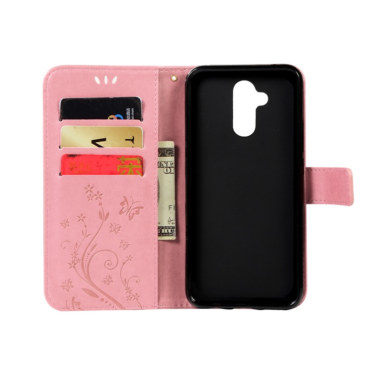 Imprint Butterfly Flower Stand Wallet Leather Protector Accessory Case for Huawei Mate 20 Lite / Maimang 7 - Rose Gold-3