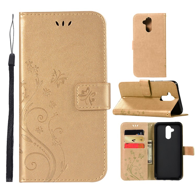 Imprint Butterfly Flower Stand Wallet Leather Protector Case Shell for Huawei Mate 20 Lite / Maimang 7 - Gold-1