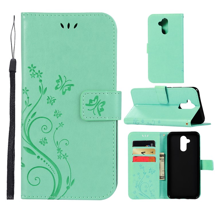 Imprint Butterfly Flower Stand Wallet Leather Protector Mobile Case for Huawei Mate 20 Lite / Maimang 7 - Cyan-1