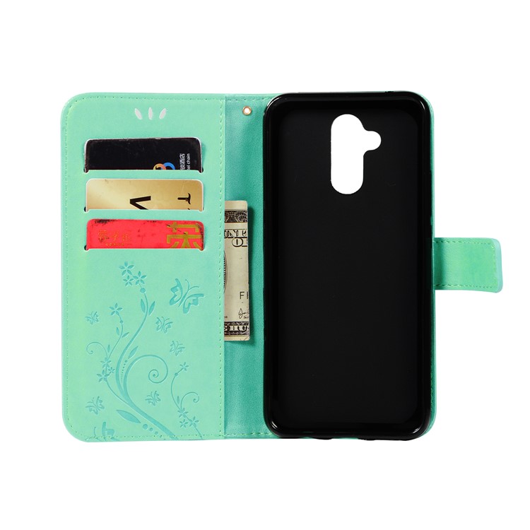 Imprint Butterfly Flower Stand Wallet Leather Protector Mobile Case for Huawei Mate 20 Lite / Maimang 7 - Cyan-3
