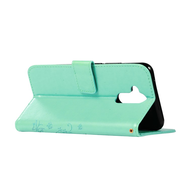 Imprint Butterfly Flower Stand Wallet Leather Protector Mobile Case for Huawei Mate 20 Lite / Maimang 7 - Cyan-4