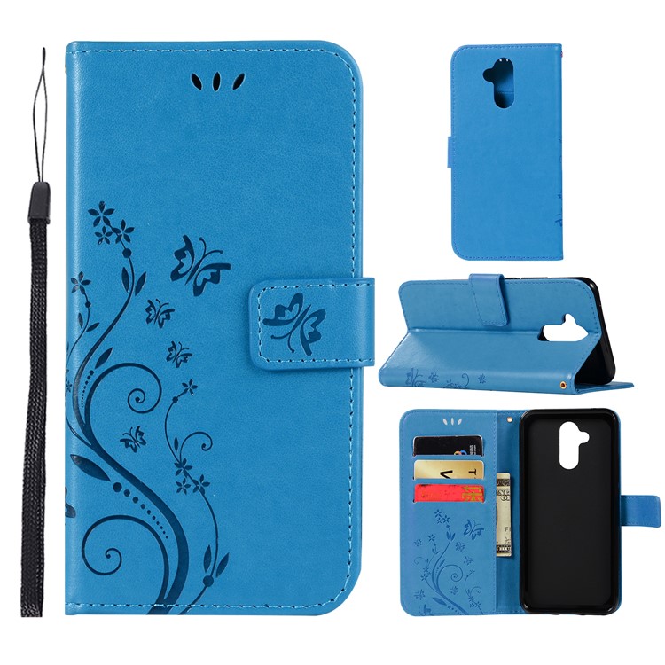 Impronta Farfalla Fiore Stand Portafoglio Portafoglio Protettore In Pelle Per Huawei Mate 20 Lite / Maimang 7 - Blu-1