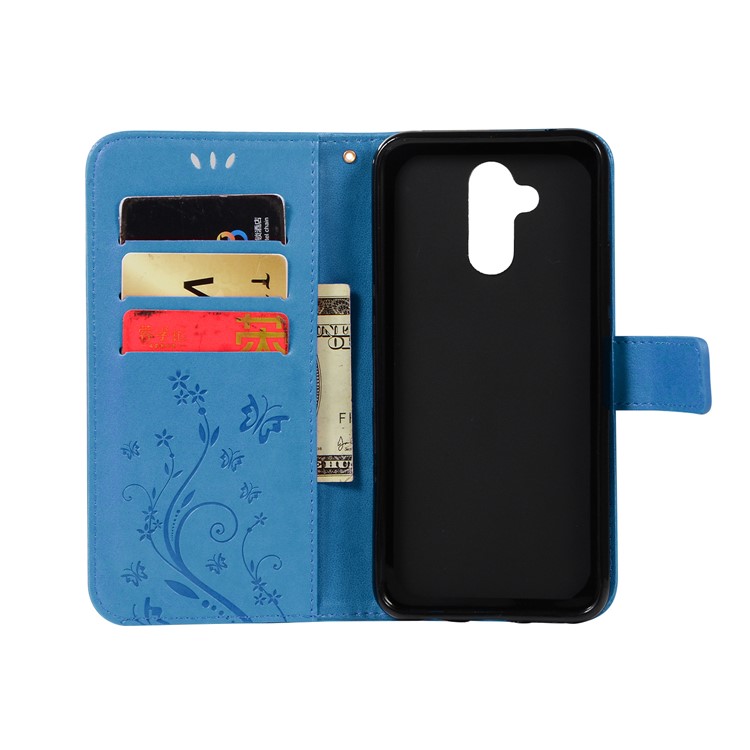 Impronta Farfalla Fiore Stand Portafoglio Portafoglio Protettore In Pelle Per Huawei Mate 20 Lite / Maimang 7 - Blu-3