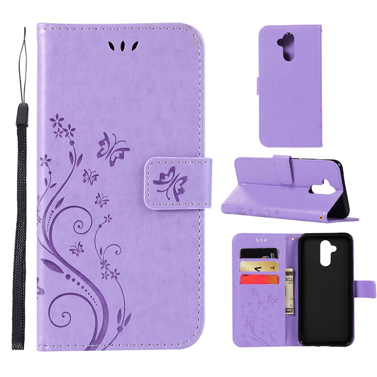 Imprint Butterfly Flower Stand Wallet Leather Protector Cellphone Case for Huawei Mate 20 Lite / Maimang 7 - Light Purple-1