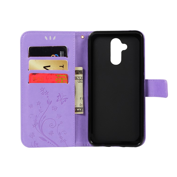 Imprint Butterfly Flower Stand Wallet Leather Protector Cellphone Case for Huawei Mate 20 Lite / Maimang 7 - Light Purple-3