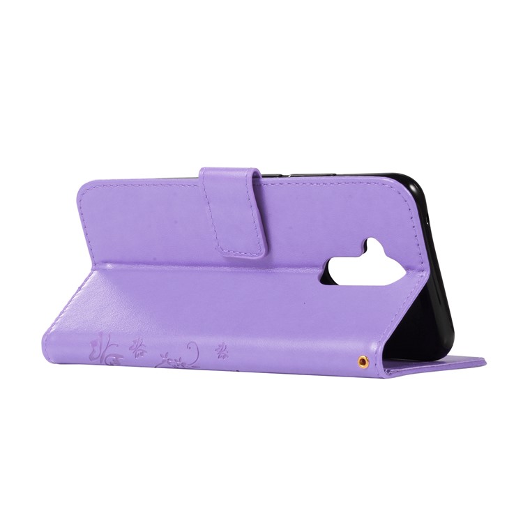 Imprint Butterfly Flower Stand Wallet Leather Protector Cellphone Case for Huawei Mate 20 Lite / Maimang 7 - Light Purple-4