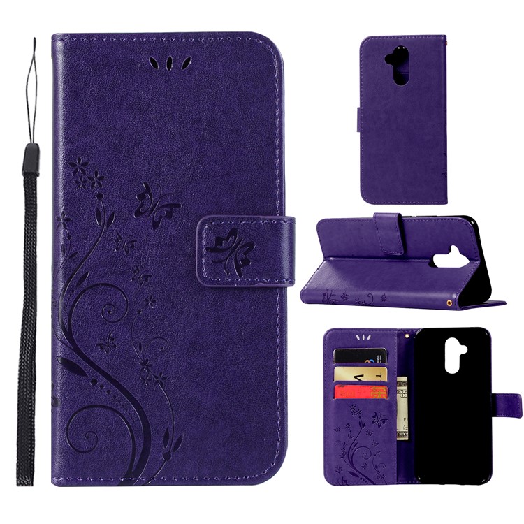 Imprint Butterfly Flower Stand Wallet Leather Phone Case Shell for Huawei Mate 20 Lite / Maimang 7 - Dark Purple-1