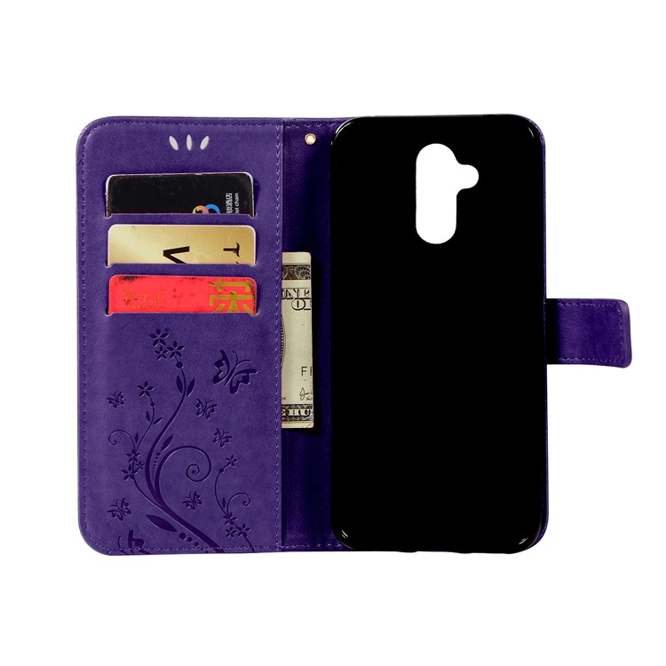 Imprint Butterfly Flower Stand Wallet Leather Phone Case Shell for Huawei Mate 20 Lite / Maimang 7 - Dark Purple-3