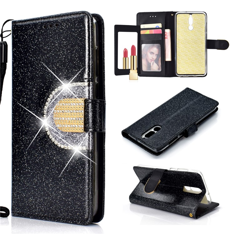 Glitter Powder Rhinestone Decoration Wallet Leather Case with Mirror for Huawei Mate 10 Lite / nova 2i / Maimang 6 / Honor 9i (India) - Black-1