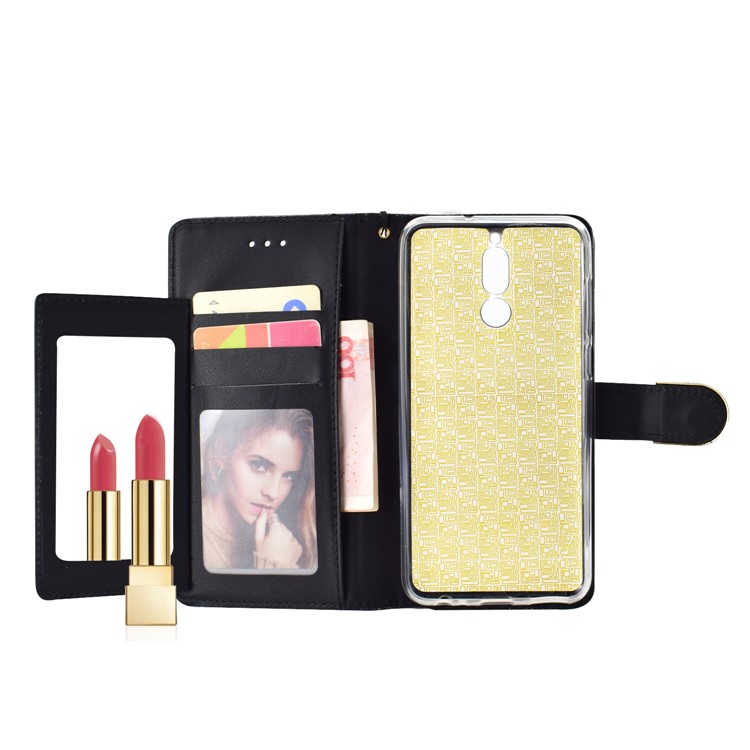 Glitter Powder Rhinestone Decoration Wallet Leather Case with Mirror for Huawei Mate 10 Lite / nova 2i / Maimang 6 / Honor 9i (India) - Black-6
