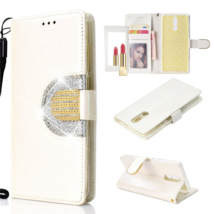 Glitter Powder Rhinestone Decoration Wallet Leather Cover with Mirror for Huawei Mate 10 Lite / nova 2i / Maimang 6 / Honor 9i (India) - White-1