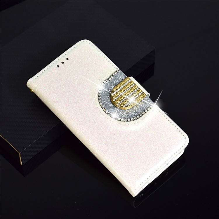 Glitter Powder Rhinestone Decoration Wallet Leather Cover with Mirror for Huawei Mate 10 Lite / nova 2i / Maimang 6 / Honor 9i (India) - White-11