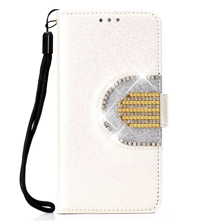 Glitter Powder Rhinestone Decoration Wallet Leather Cover with Mirror for Huawei Mate 10 Lite / nova 2i / Maimang 6 / Honor 9i (India) - White-2