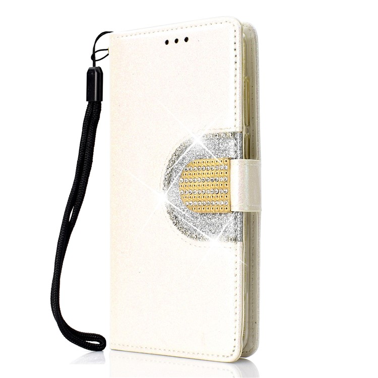 Glitter Powder Rhinestone Decoration Wallet Leather Cover with Mirror for Huawei Mate 10 Lite / nova 2i / Maimang 6 / Honor 9i (India) - White-3