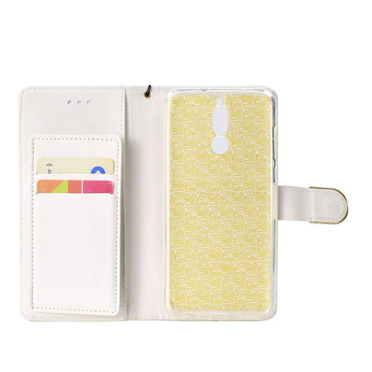 Glitter Powder Rhinestone Decoration Wallet Leather Cover with Mirror for Huawei Mate 10 Lite / nova 2i / Maimang 6 / Honor 9i (India) - White-5