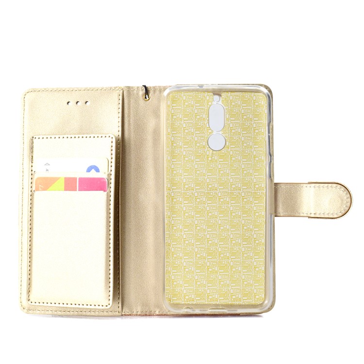 Glitter Powder Rhinestone Decoration Wallet Leather Cover with Mirror for Huawei Mate 10 Lite / nova 2i / Maimang 6 / Honor 9i (India) - White-6