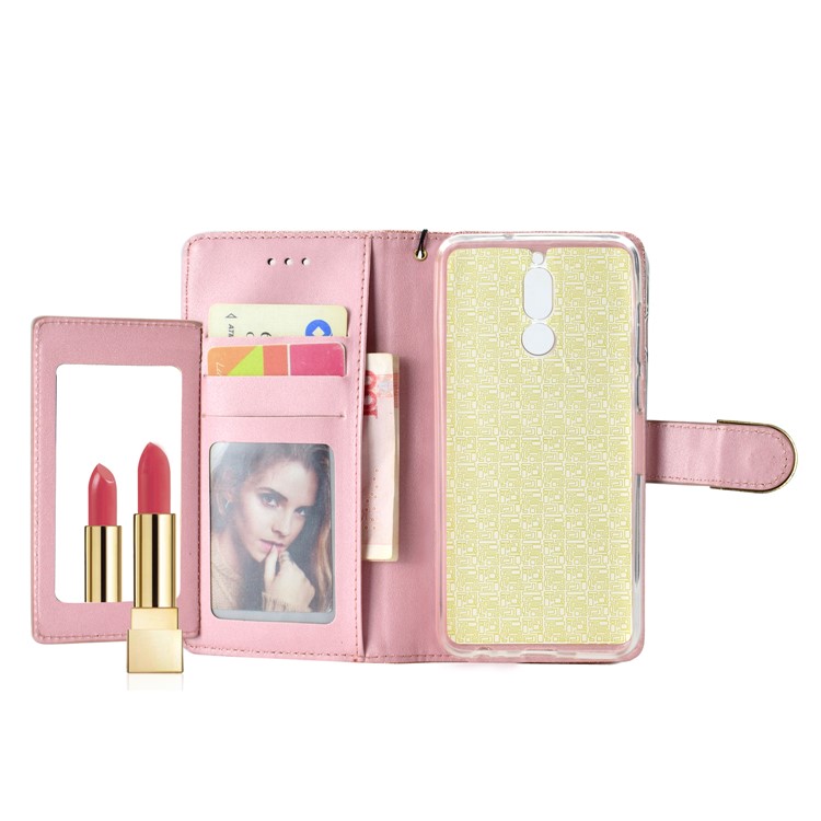 Glitter Powder Rhinestone Decoration Wallet Leather Shell with Mirror for Huawei Mate 10 Lite / nova 2i / Maimang 6 / Honor 9i (India) - Rose Gold-6