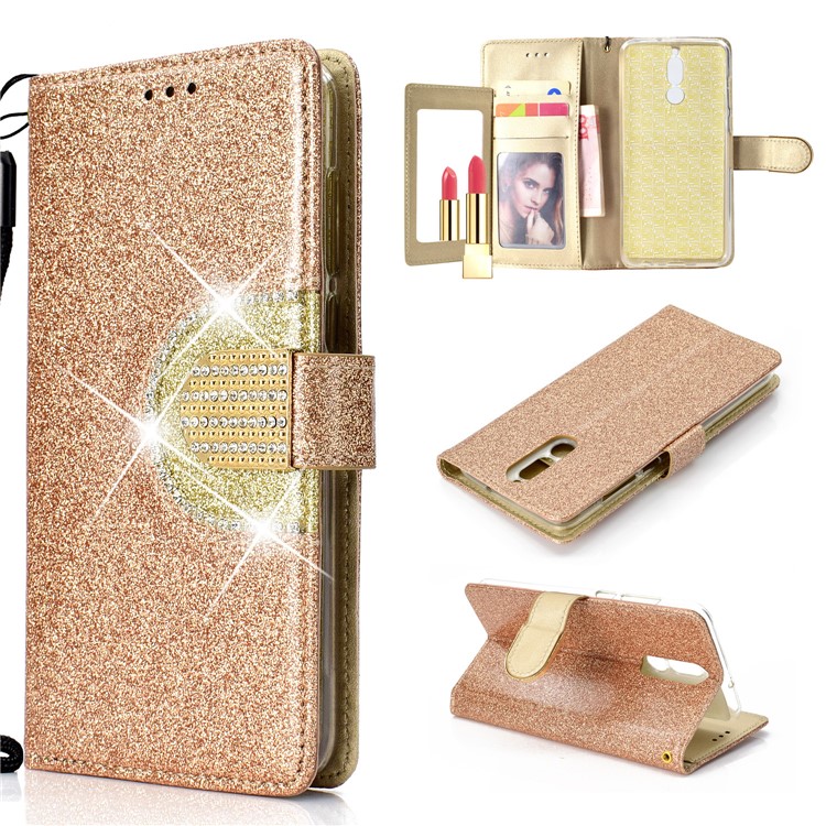 Glitter Powder Rhinestone Decoration Wallet Leather Casing with Mirror for Huawei Mate 10 Lite / nova 2i / Maimang 6 / Honor 9i (India) - Gold-1