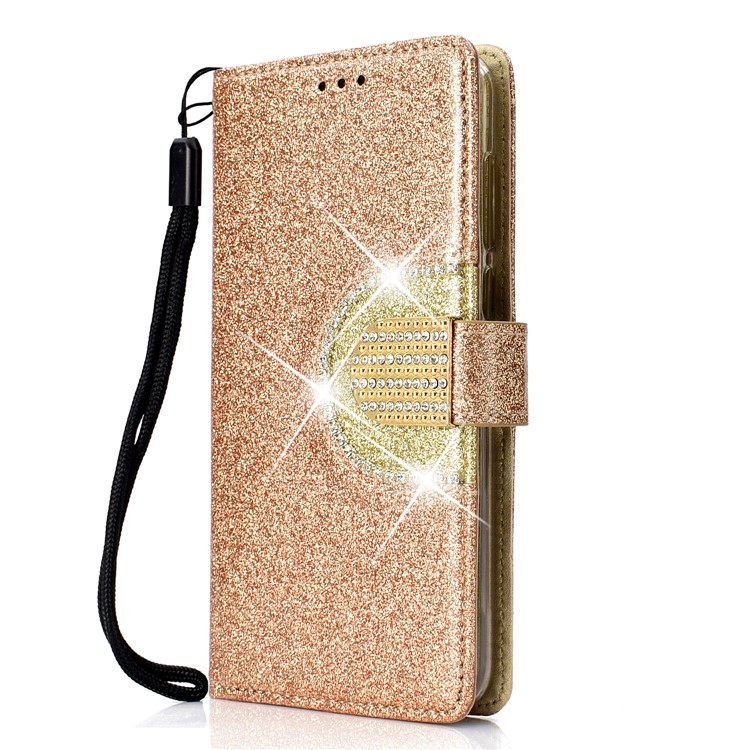 Glitter Powder Rhinestone Decoration Wallet Leather Casing with Mirror for Huawei Mate 10 Lite / nova 2i / Maimang 6 / Honor 9i (India) - Gold-3