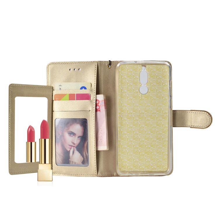 Glitter Powder Rhinestone Decoration Wallet Leather Casing with Mirror for Huawei Mate 10 Lite / nova 2i / Maimang 6 / Honor 9i (India) - Gold-5