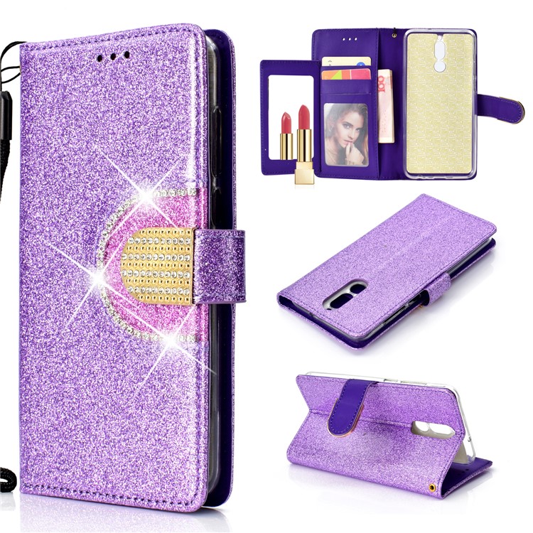 Glitter Powder Rhinestone Decoration Wallet Leather Cell Phone Case with Mirror for Huawei Mate 10 Lite / nova 2i / Maimang 6 / Honor 9i (India) - Purple-1