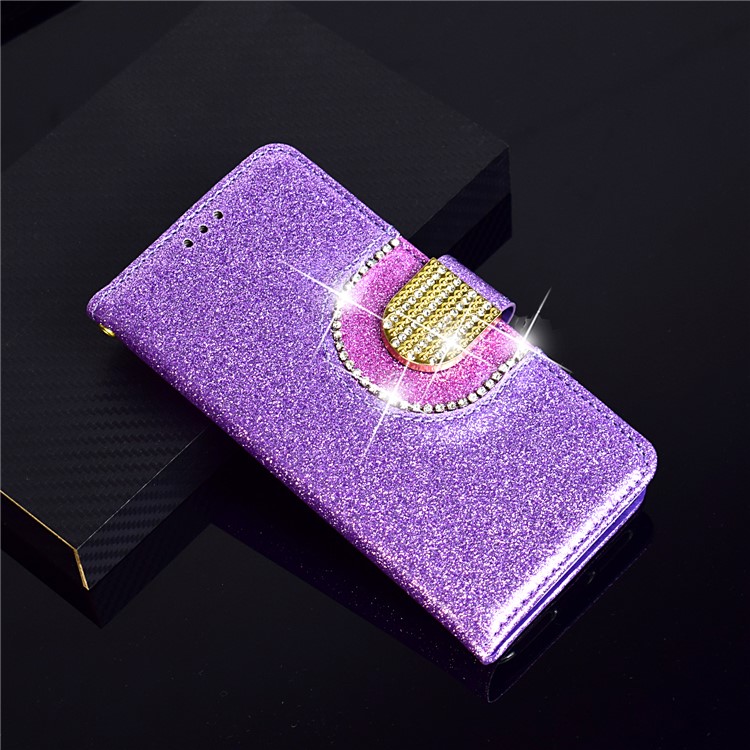 Glitter Powder Rhinestone Decoration Wallet Leather Cell Phone Case with Mirror for Huawei Mate 10 Lite / nova 2i / Maimang 6 / Honor 9i (India) - Purple-11