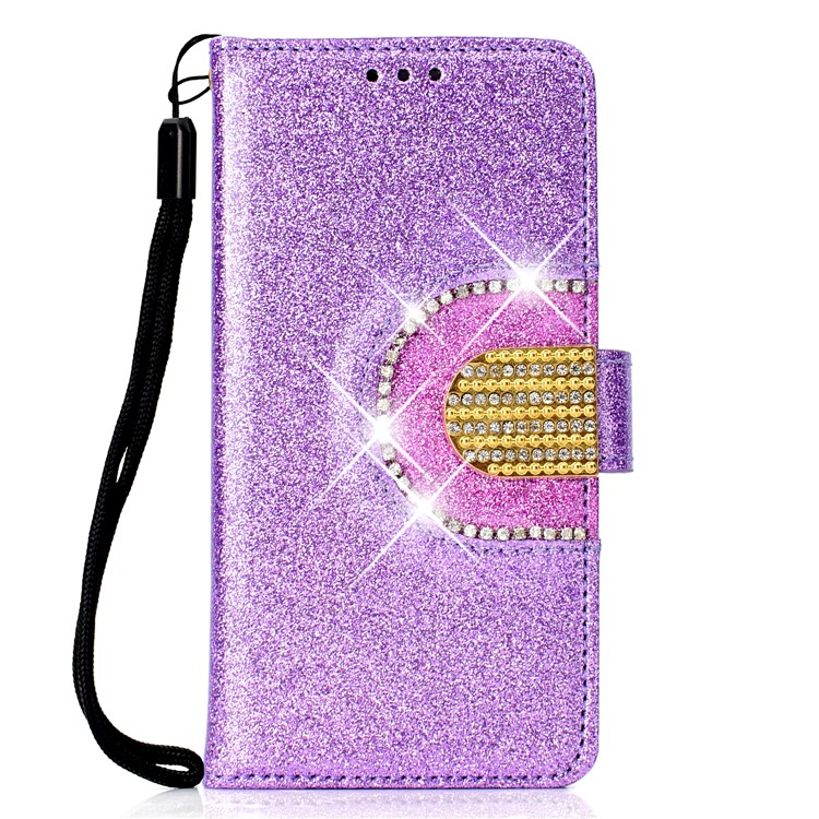 Glitter Powder Rhinestone Decoration Wallet Leather Cell Phone Case with Mirror for Huawei Mate 10 Lite / nova 2i / Maimang 6 / Honor 9i (India) - Purple-2