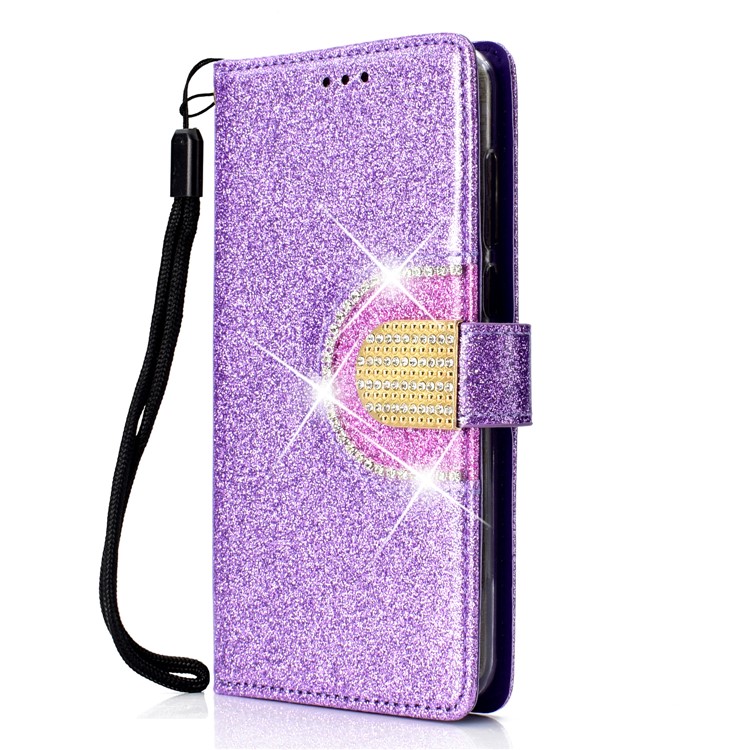 Glitter Powder Rhinestone Decoration Wallet Leather Cell Phone Case with Mirror for Huawei Mate 10 Lite / nova 2i / Maimang 6 / Honor 9i (India) - Purple-3