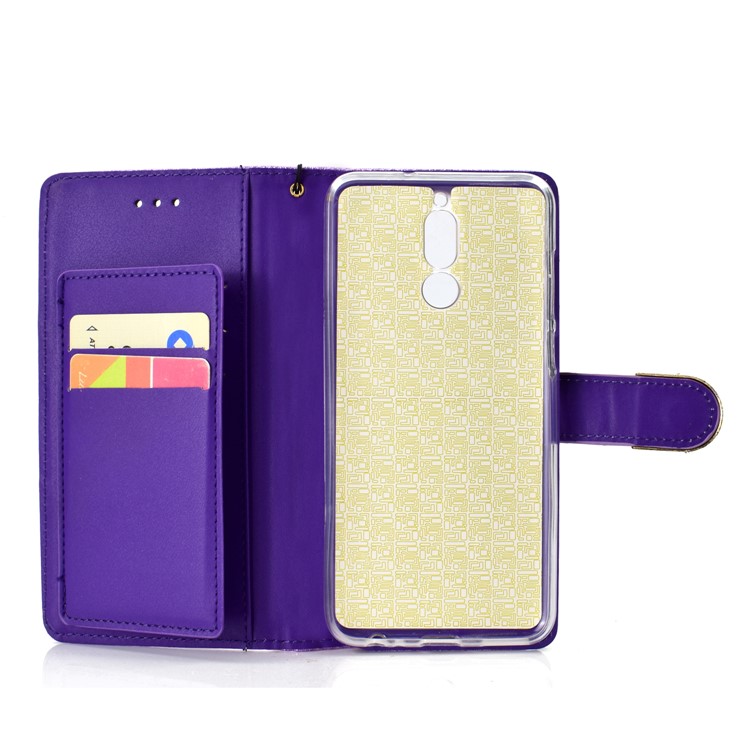 Glitter Powder Rhinestone Decoration Wallet Leather Cell Phone Case with Mirror for Huawei Mate 10 Lite / nova 2i / Maimang 6 / Honor 9i (India) - Purple-5