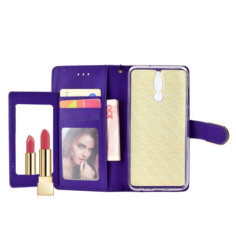 Glitter Powder Rhinestone Decoration Wallet Leather Cell Phone Case with Mirror for Huawei Mate 10 Lite / nova 2i / Maimang 6 / Honor 9i (India) - Purple-6