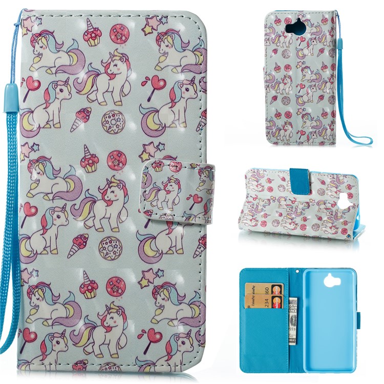 For Huawei Y6 (2017) / Y5 (2017) Pattern Printing Light Spot Decor Wallet Stand Leather Protective Cover - Unicorn and Dessert-1