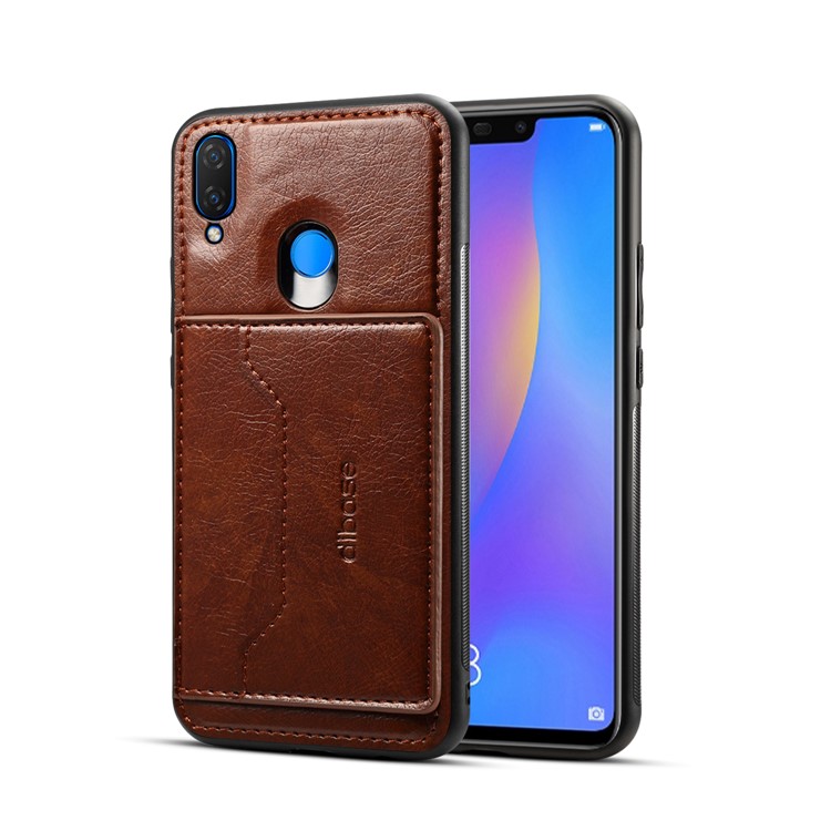 Crazy Horse Leather Coated PC TPU Hybrid Phone Case with Card Slot and Kickstand for Huawei nova 3 - Coffee-1