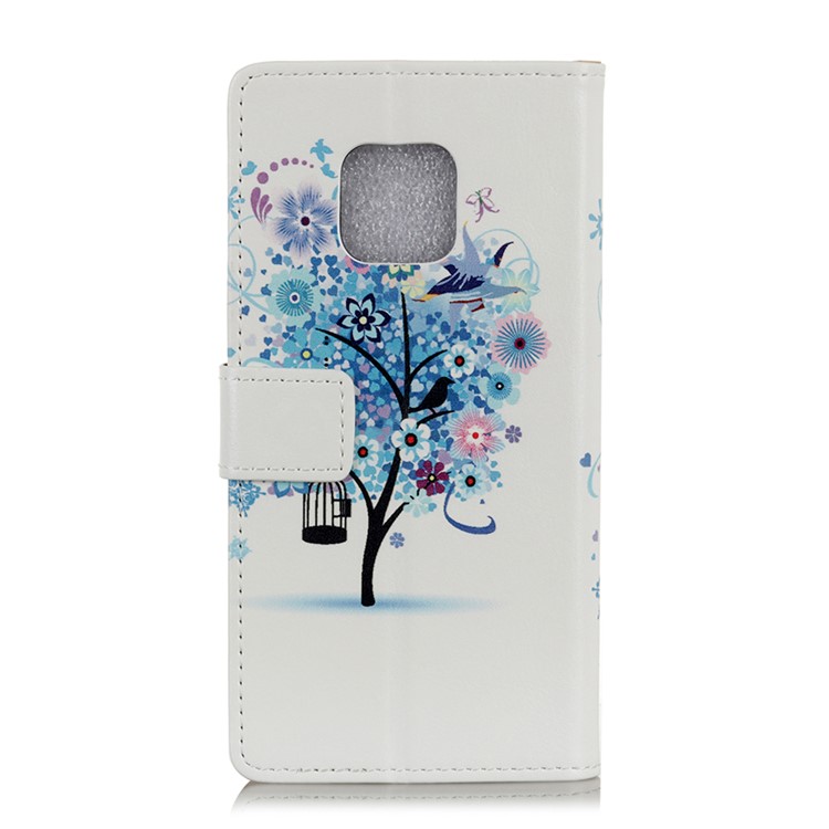 For Huawei Mate 20 Pro Patterned Leather Wallet Stand Cover Casing - Blue Flower Tree-3