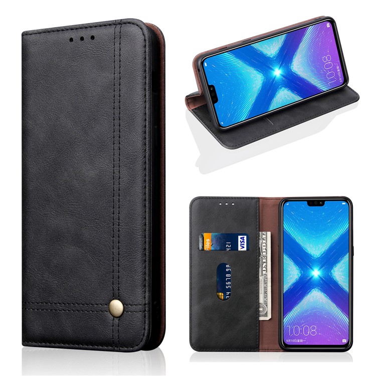 Auto-absorbed Retro Crazy Horse Texture Leather Wallet Stand Folio Case for Huawei Honor 8X - Black-1