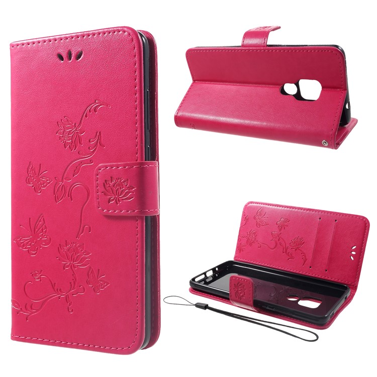 Imprint Butterfly Flowers Leather Stand Wallet Folio Case for Huawei Mate 20 - Rose-1