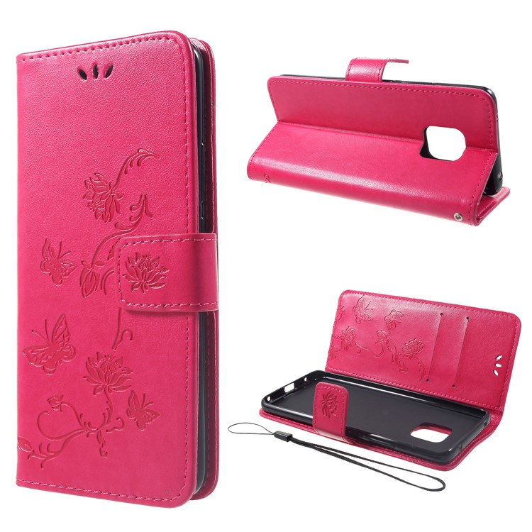 Imprint Butterfly Flowers Leather Stand Wallet Folio Case for Huawei Mate 20 Pro - Rose-1