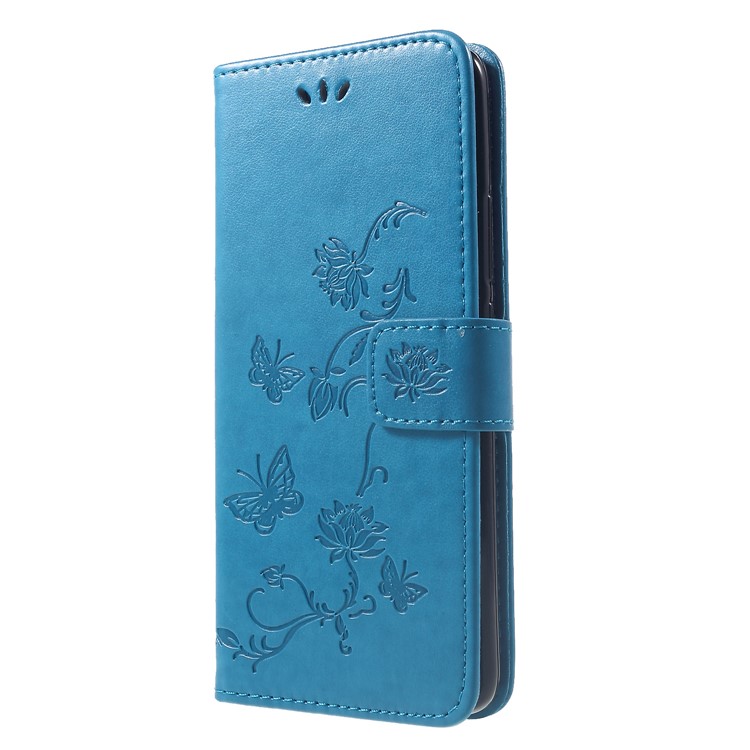 Empreinte Papillon Fleurs en Cuir Support Portefeuille Folio de Téléphone Portable Couverture Pour Huawei Mate 20 Pro - Bleu-3