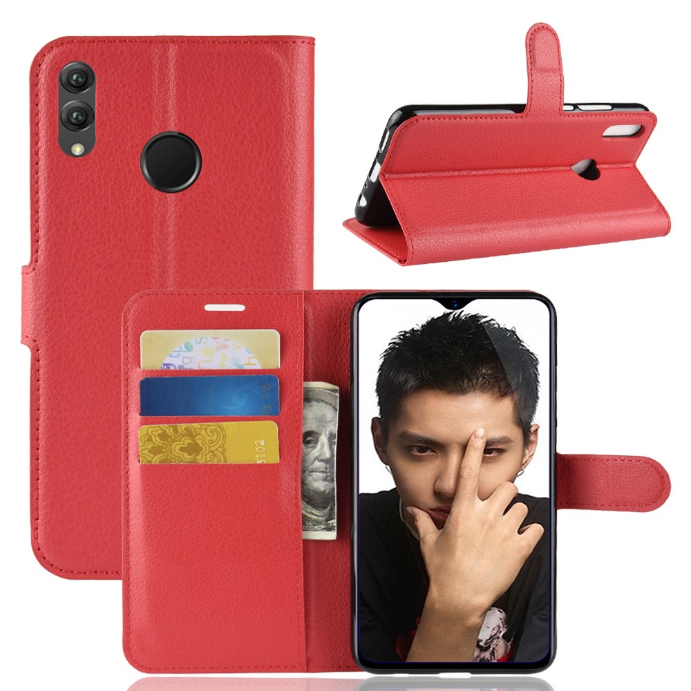Cáscara Del Teléfono Móvil Del Cuero Del Soporte De La Cartera De La Textura Del Lichí Para El Honor 8X De Huawei / Vista De Honor 10 Lite - Rojo-1