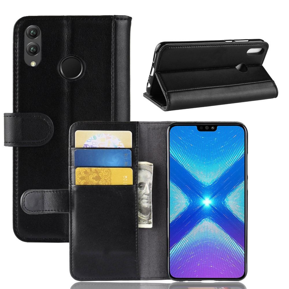 Genuine Split Leather Card Holder Stand Phone Cover for Huawei Honor 8X - Black-1